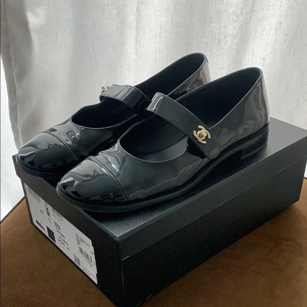 Chanel Black Patent Mary Jane Flats